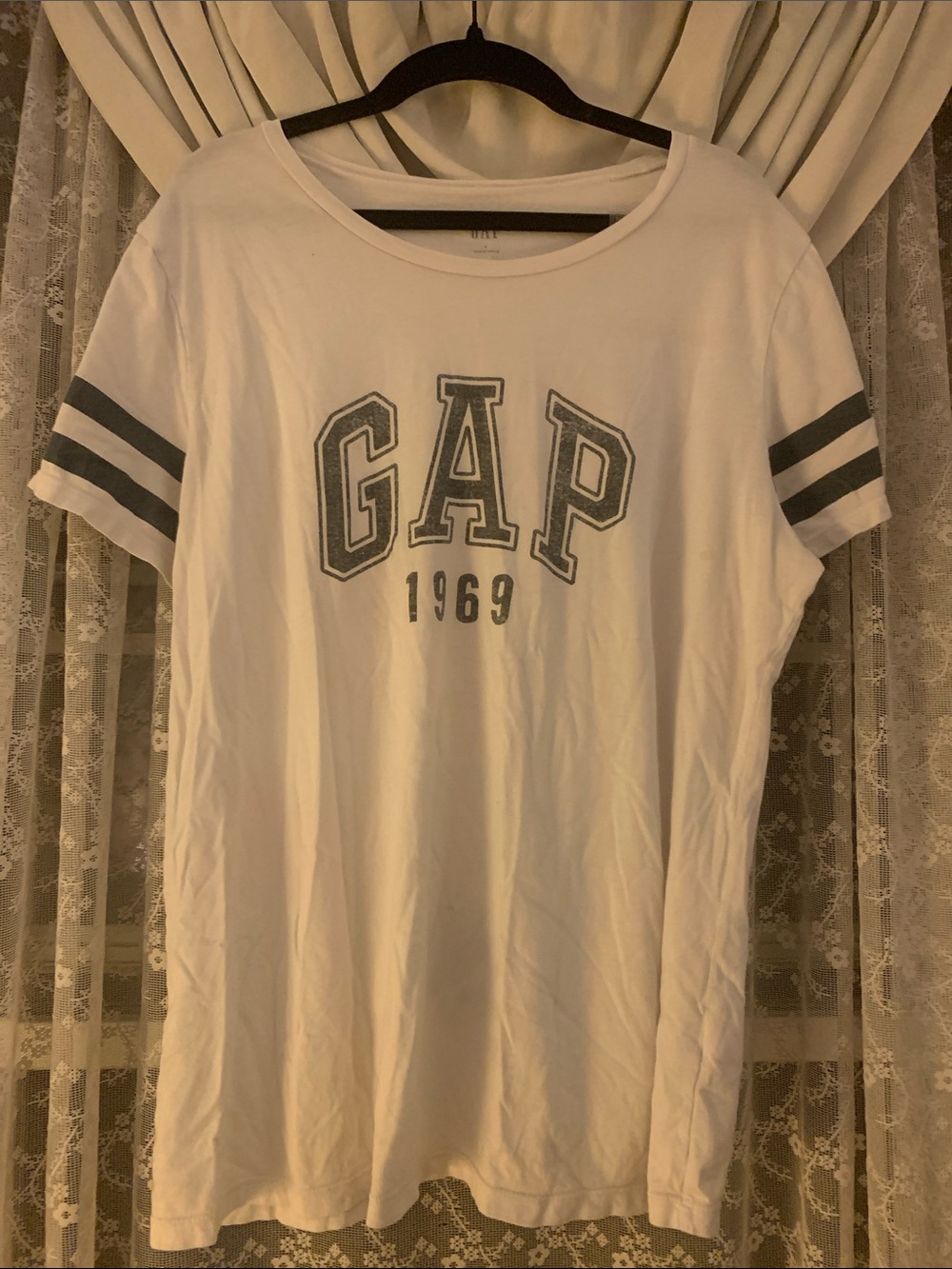GAP White Short Sleeve Tee with Gray Logo & Sleeve Stripes